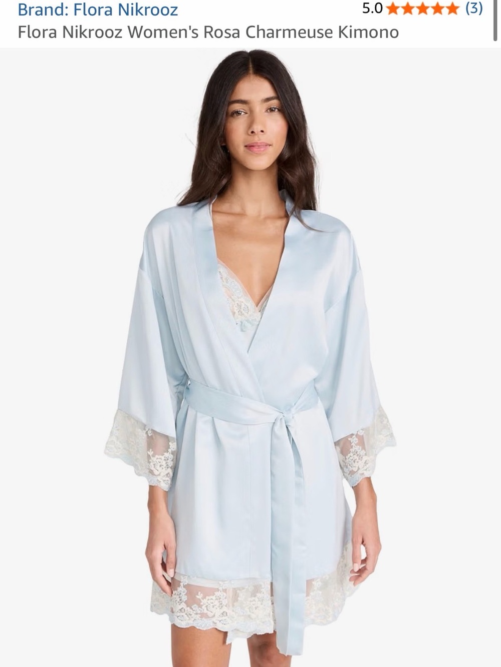Flora Nikrooz Women's bridal Light Blue Charmeuse Lace Trim Kimono Robe